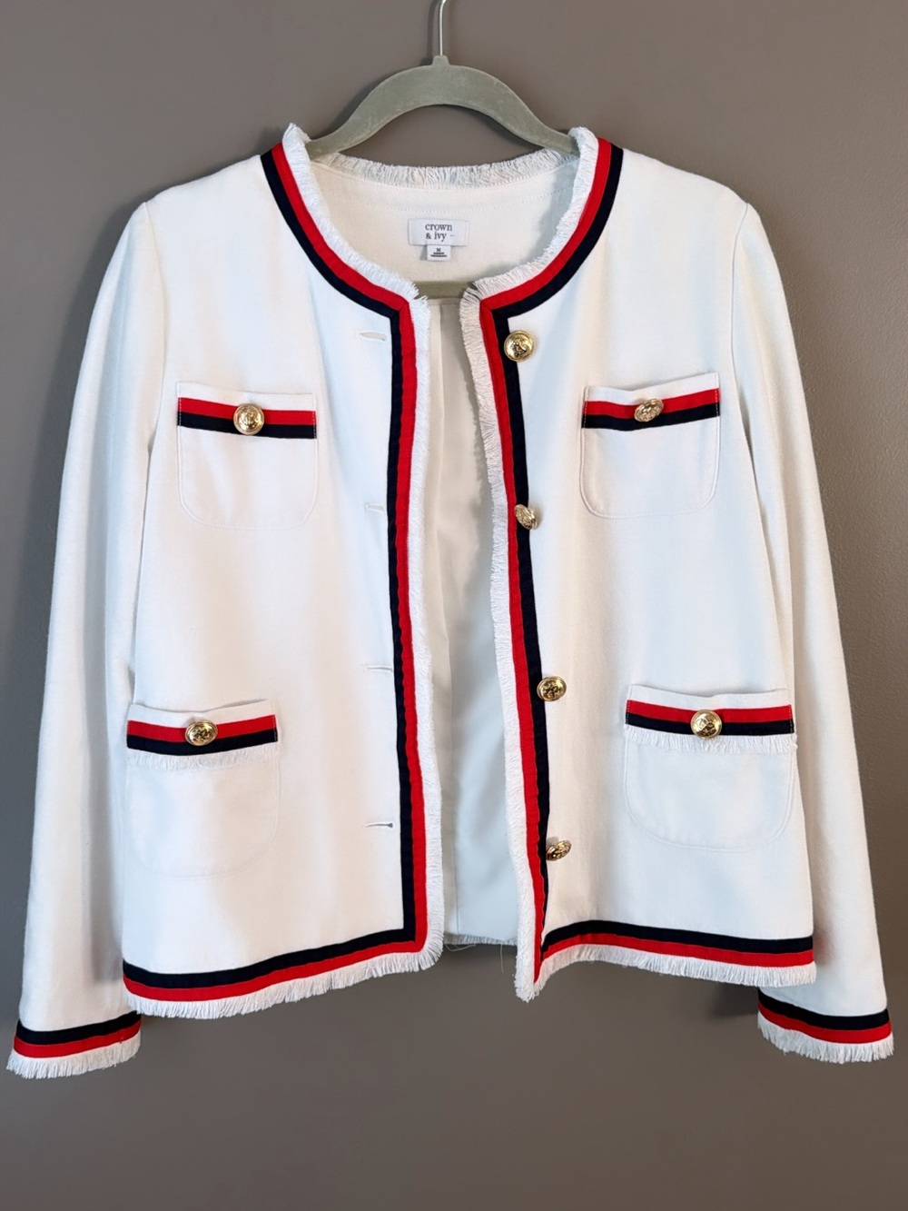 crown & ivy White Tweed-Style Jacket with Red & Navy Trim